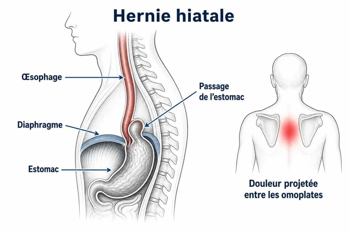 Schéma anatomique illustrant la hernie hiatale et la douleur dorsale projetée associée