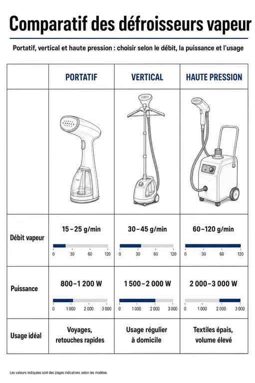Infographie comparative pour choisir son défroisseur vapeur : portatif, vertical ou haute pression selon les besoins.