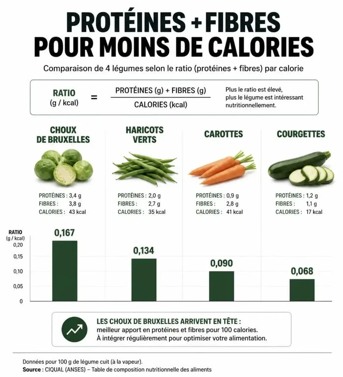 Infographie comparative des bienfaits des choux de Bruxelles pour maigrir : calories, fibres et protéines par rapport aux autres légumes minceur.