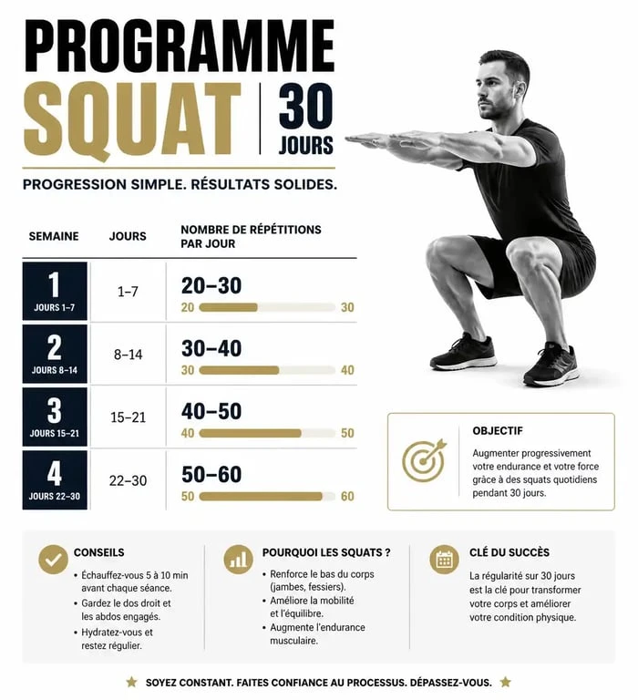 Infographie du programme squat femme sur 30 jours pour tonifier les jambes et fessiers
