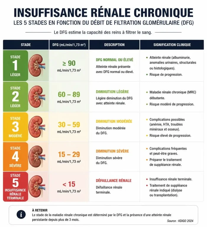 Infographie des stades de l'insuffisance rénale et interprétation des résultats de prise de sang DFG