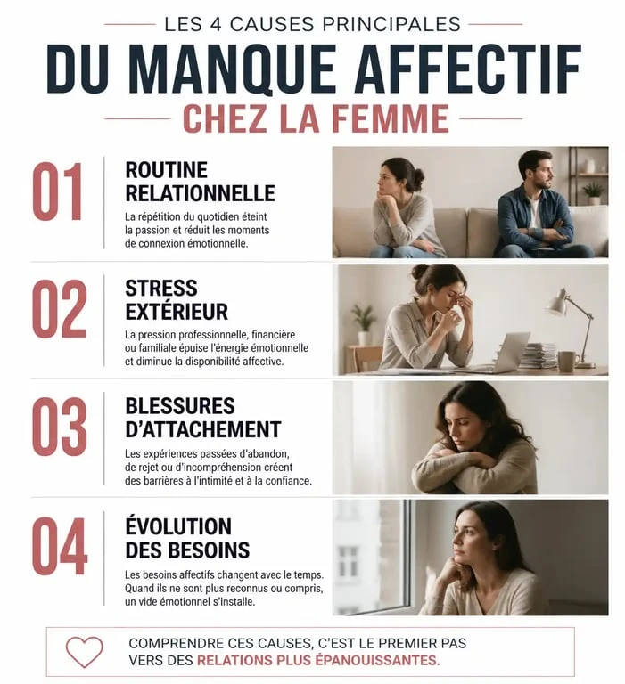Infographie sur les causes du manque affectif et émotionnel chez la femme