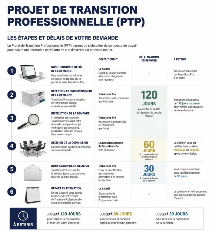 Infographie des délais et procédures pour une demande de PTP refus employeur