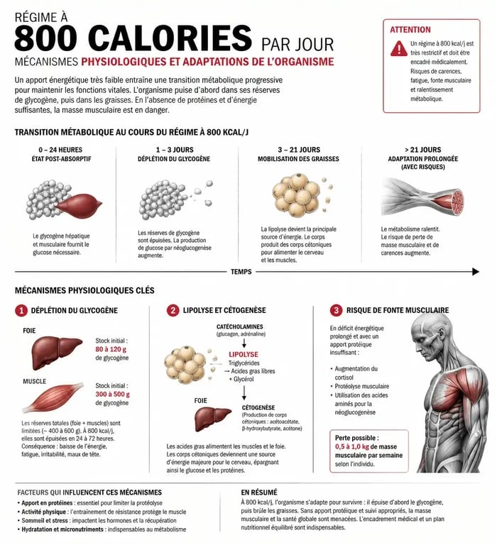 Infographie explicative sur les mécanismes physiologiques et les risques du régime à 800 calories par jour