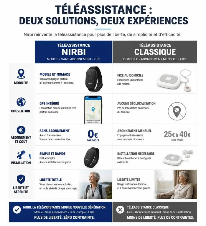 Infographie comparative entre la téléassistance mobile Nirbi et la téléassistance classique à domicile