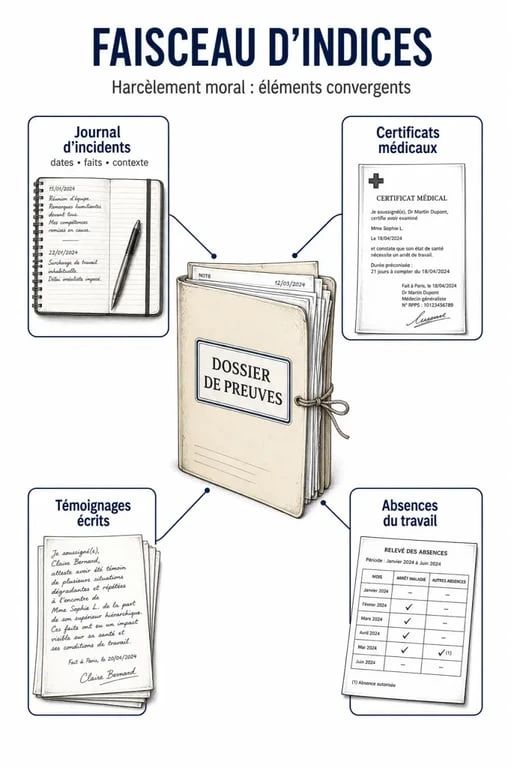 Infographie illustrant comment prouver un harcèlement moral au travail avec un faisceau d'indices
