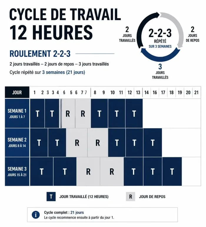 Schéma du cycle de travail 2-2-3 pour un planning 12h avec un week-end sur trois libre