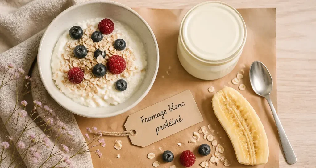 Fromage blanc protéiné : bol avec flocons d’avoine et baies