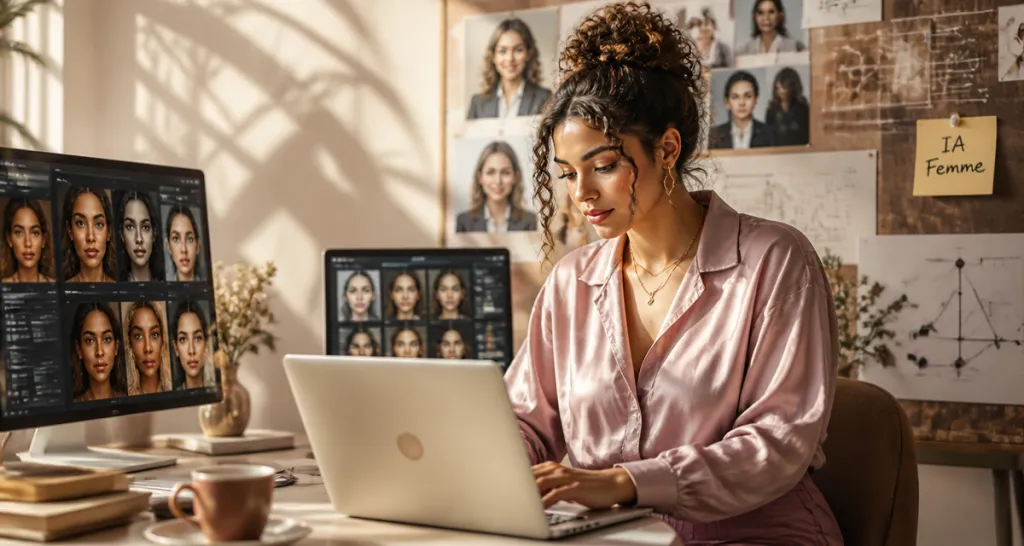 ia femme jeune professionnelle écrans avatars