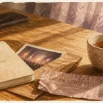 Petite attention pour récupérer son ex : carnet, photo et thé sur table