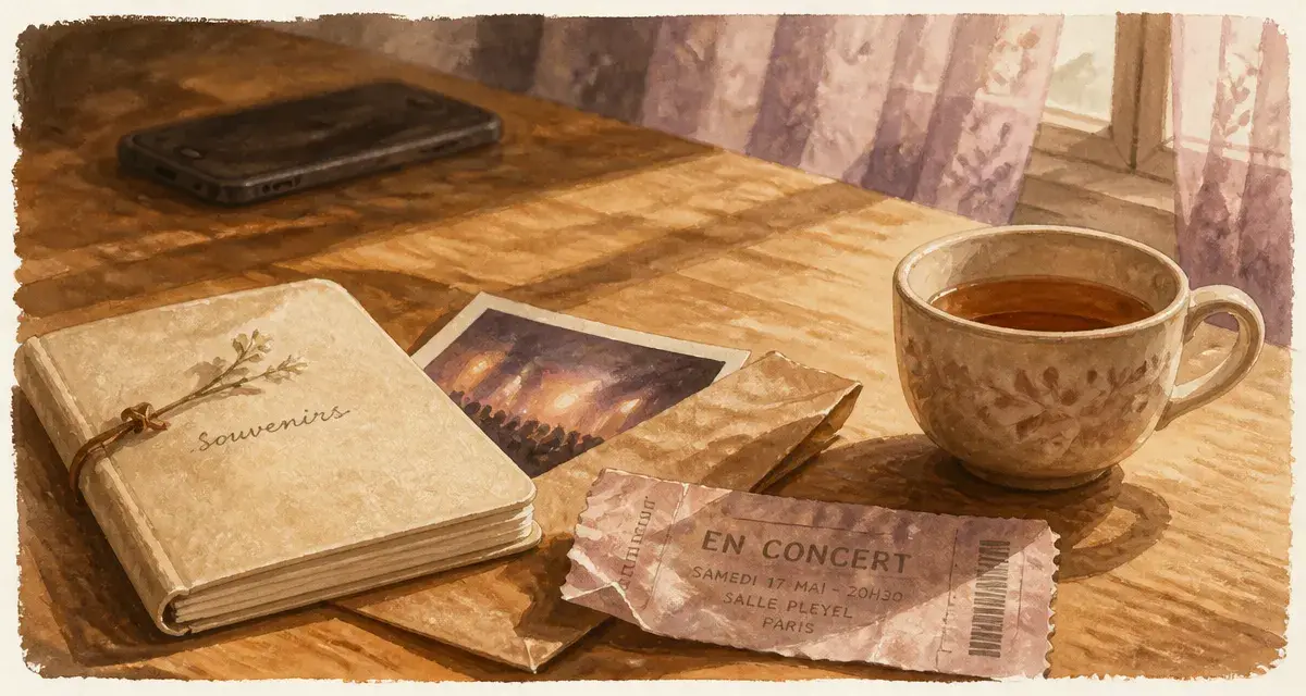 Petite attention pour récupérer son ex : carnet, photo et thé sur table