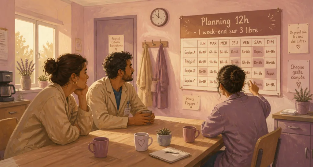 planning 12h 1 weekend sur 3 affiché en salle de pause