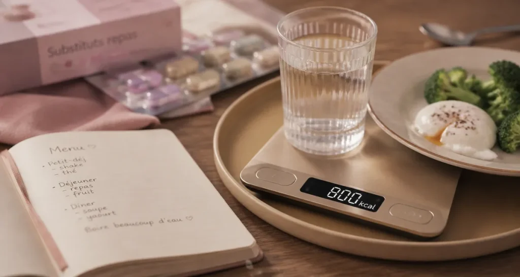 Régime 800 calories par jour : balance affichant 800 kcal, risques métaboliques