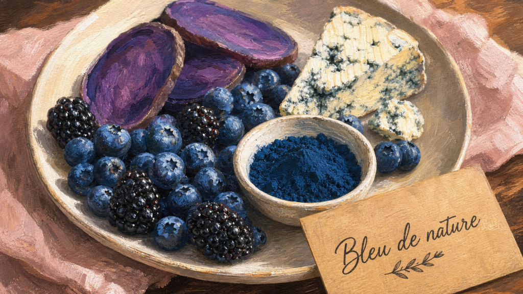 Aliments bleus : bleuets, mûres et vitelotte bleue dans une assiette
