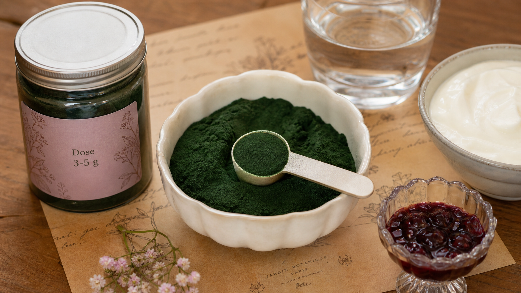 Combien de spiruline par jour pour maigrir : 1 g puis 3 à 5 g, spiruline en poudre verte