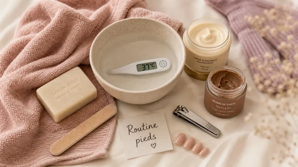 Des pieds lisses sans abîmer les talons : bain tiède, gommage doux et ongles nets