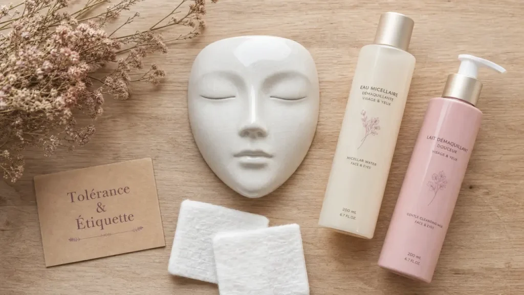 Eau micellaire meilleure peau sensible, tolérance et étiquette, cotons et bouteille