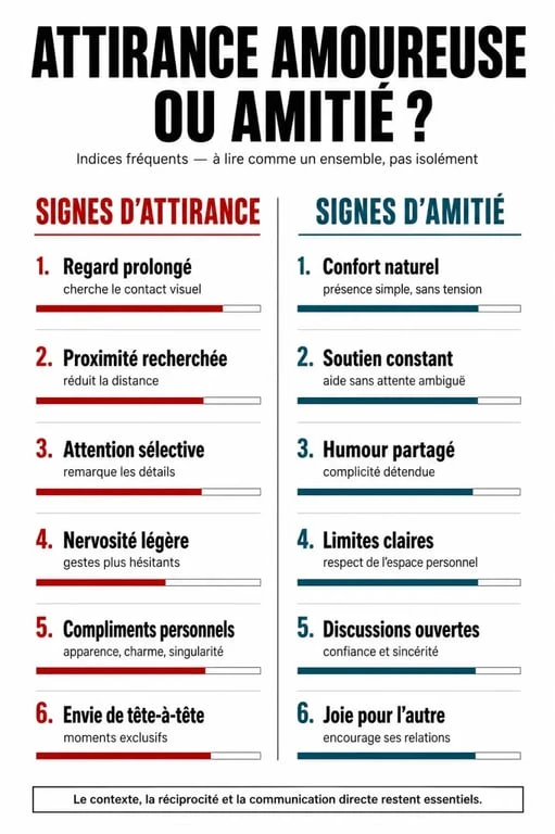 Infographie comparant les signes évidents que tu plais à un homme par rapport à une simple amitié