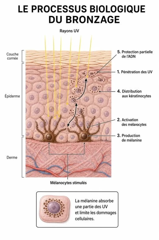 Schéma explicatif du mécanisme de bronzage et de la production de mélanine pour bronzer vite et en toute sécurité