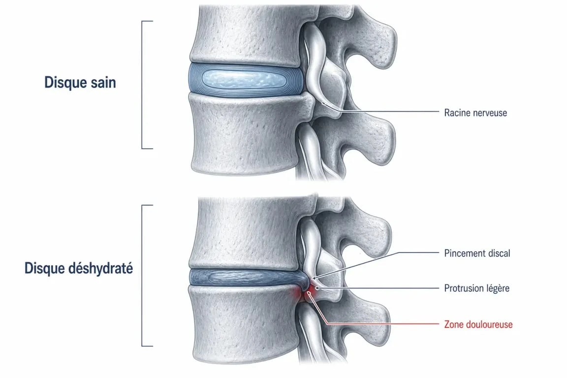 Schéma de la discopathie dégénérative lombaire montrant un disque usé, un pincement discal et une irritation nerveuse