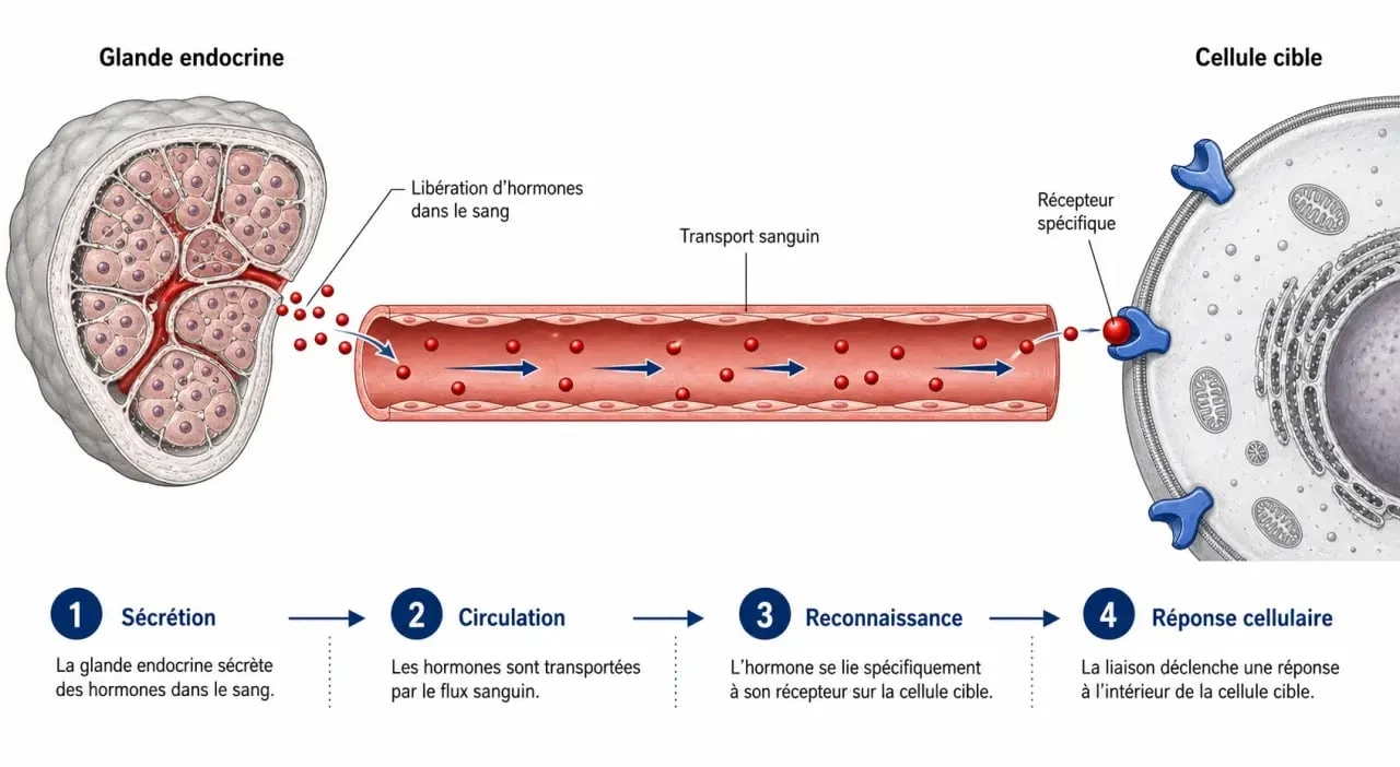 Schéma explicatif du fonctionnement des hormones dans le corps humain : de la glande endocrine à la cellule cible.