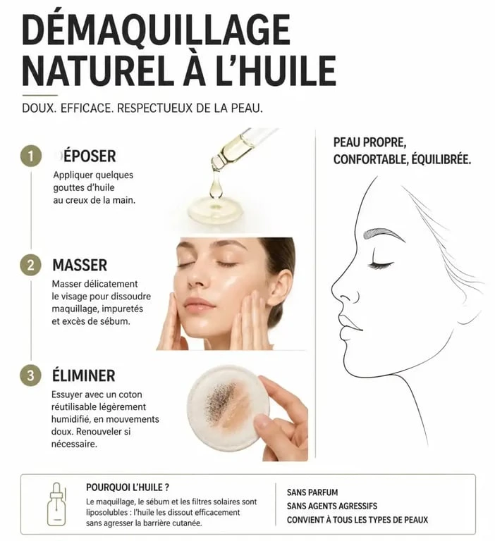 Infographie illustrant les étapes pour se démaquiller sans démaquillant avec des huiles naturelles