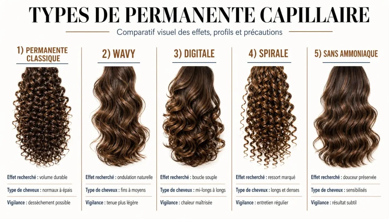 Comparatif des types de permanente : classique, wavy, digitale, spirale et sans ammoniaque