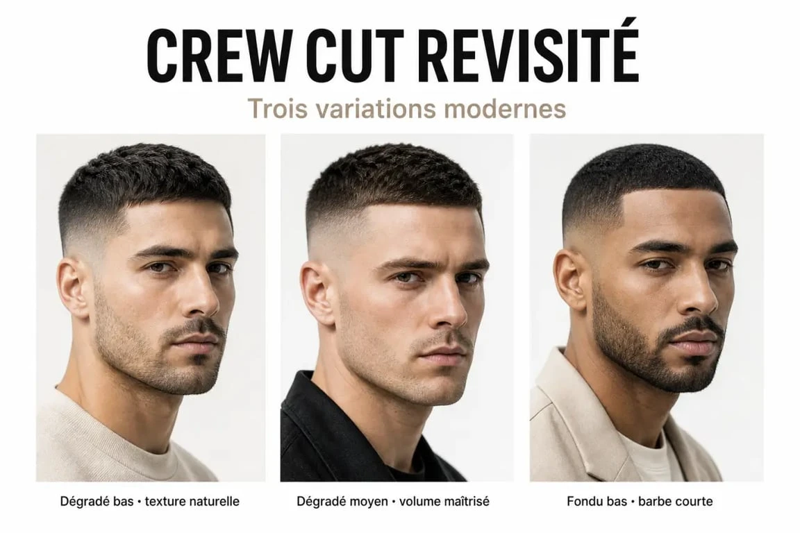 Crew cut revisité : trois déclinaisons modernes avec dégradé, texture et barbe