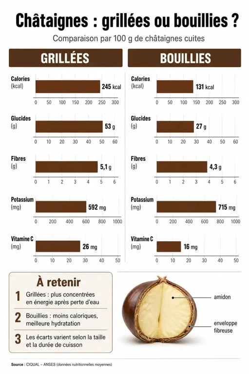 Infographie comparative sur l'apport calorique des marrons et châtaignes selon le mode de cuisson pour savoir si les marrons font grossir