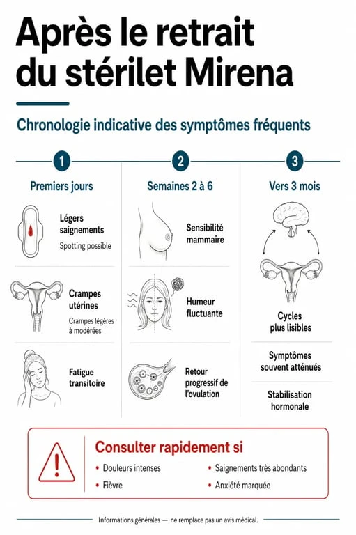 Infographie sur les symptômes après retrait stérilet mirena avec chronologie des effets et signaux d'alerte