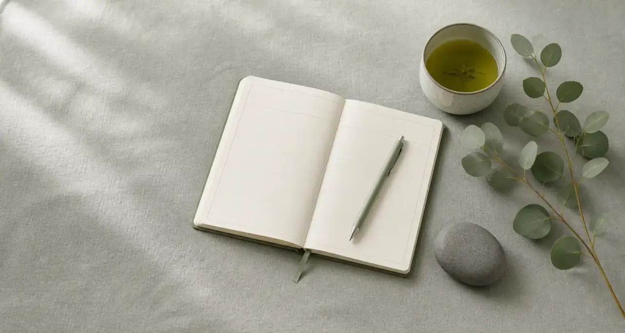 Agenda ouvert, stylo, tasse de thé vert et brin d'eucalyptus sur un lin vert sauge, ambiance sereine d'équilibre