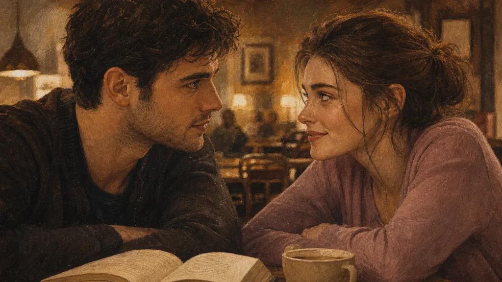 Regard amoureux signes : contact visuel dans un café feutré