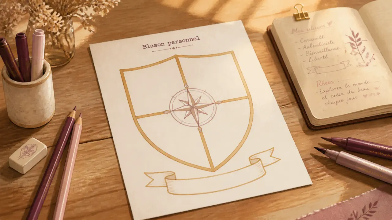 blason développement personnel a remplir : blason à compléter sur table en bois