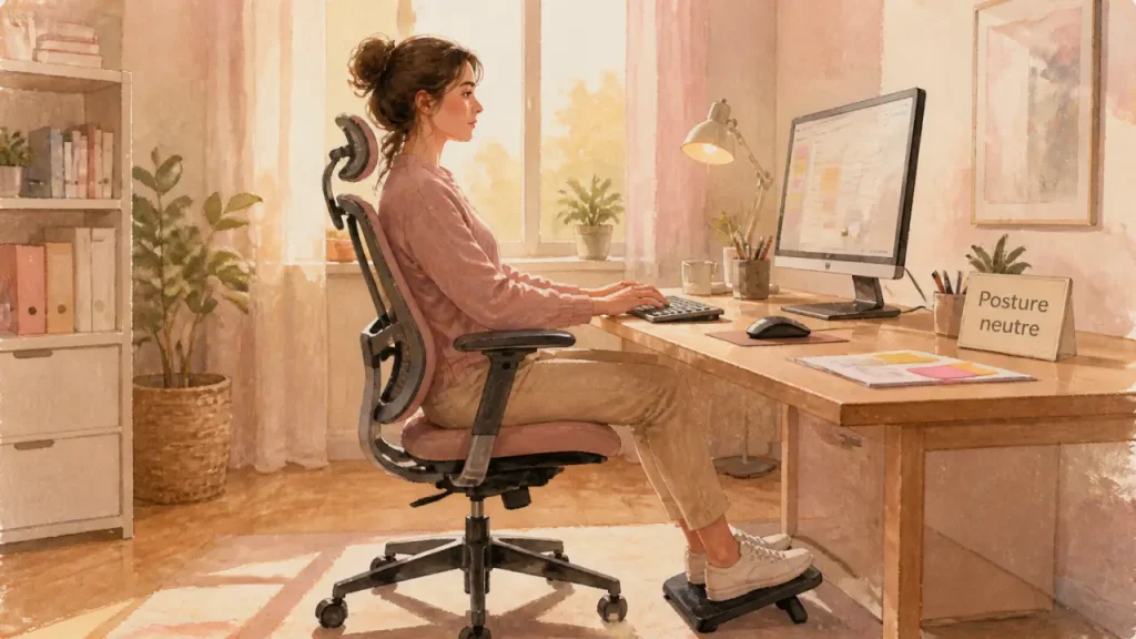 Bonne posture au bureau : écran à hauteur des yeux, dos soutenu et poignets alignés