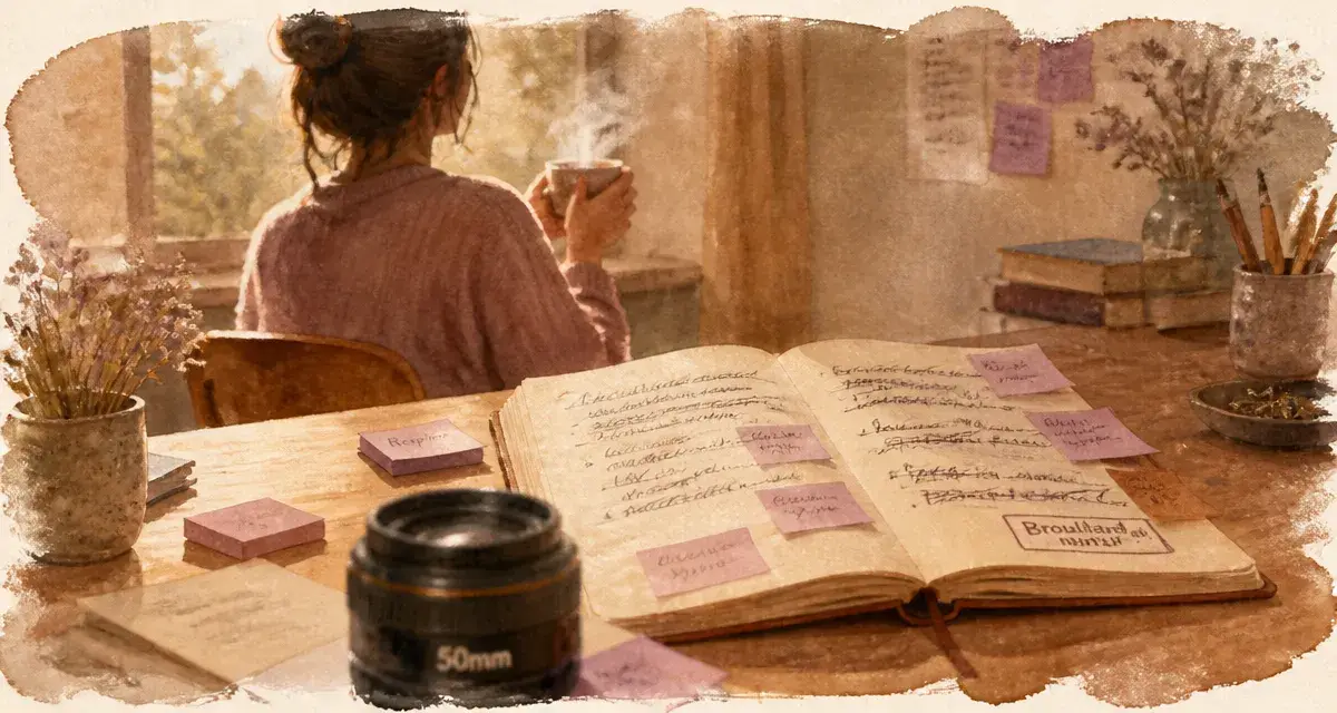 Brouillard mental ménopause : tasse de thé et carnet, oubli et confusion légère