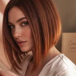 Carré plongeant roux foncé, reflets cuivrés sur cheveux lissés