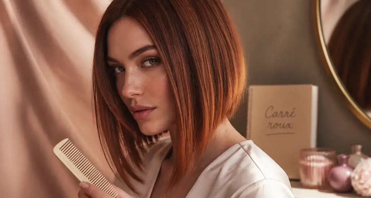 Carré plongeant roux foncé, reflets cuivrés sur cheveux lissés