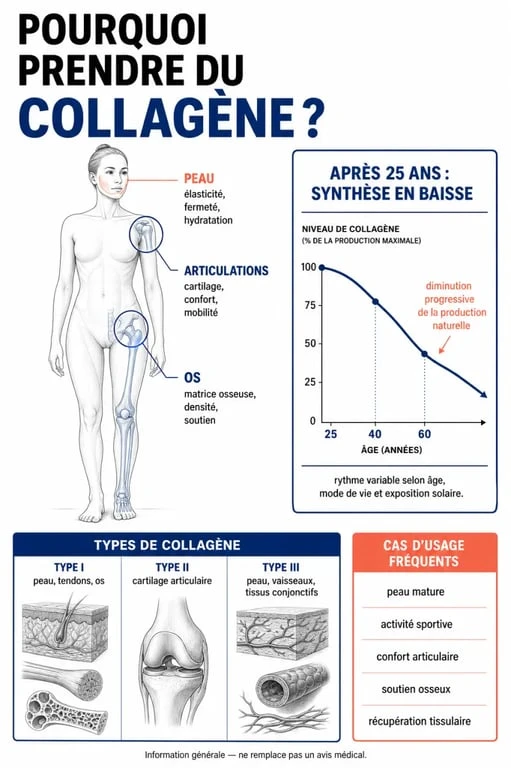 Pourquoi prendre du collagène : schéma des bénéfices sur la peau, les articulations et les os