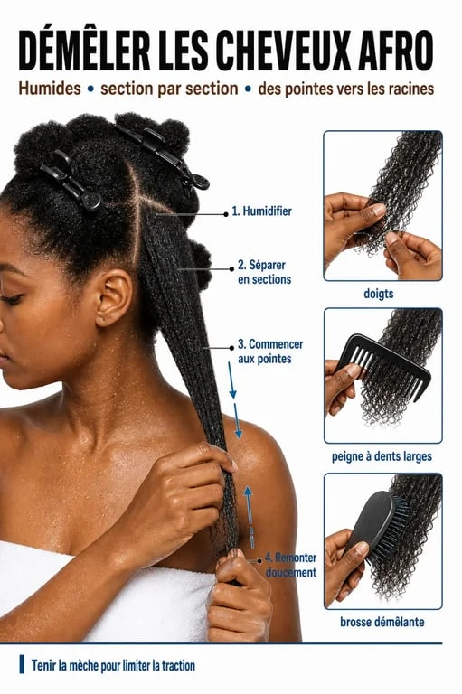 Soin pour les cheveux afro : gestes de démêlage doux sur cheveux humides