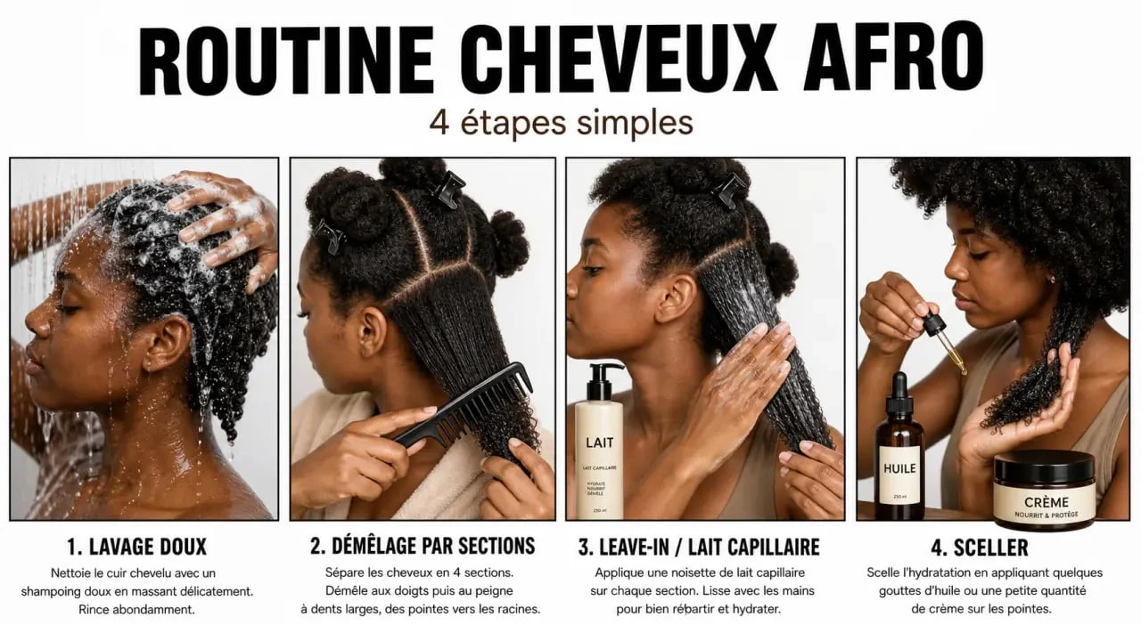 Routine soin pour les cheveux afro en 4 étapes : laver, démêler, hydrater et sceller
