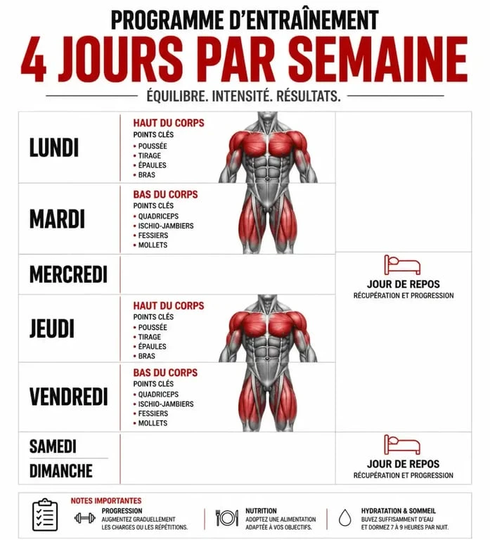 Planning d'entraînement musculation 4 fois par semaine : split Upper/Lower