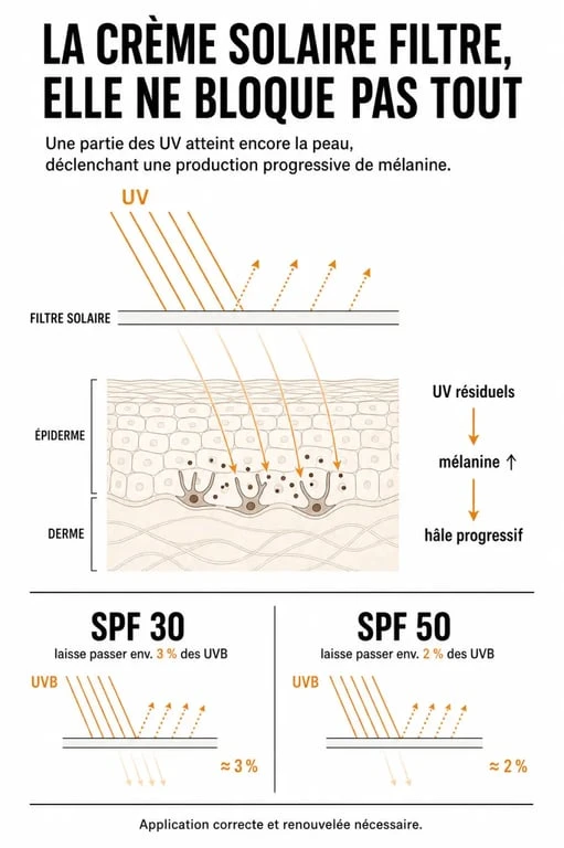 Crème solaire empêche t elle bronzer : schéma du rayonnement UV, de la mélanine et de la protection SPF