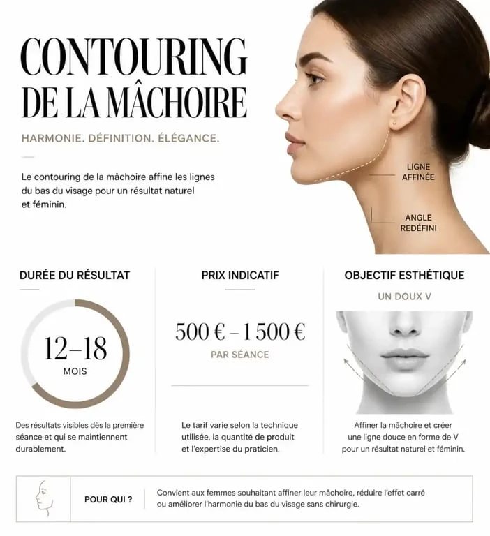 Infographie récapitulative sur le jawline contouring pour femme : durée, prix et objectifs esthétiques