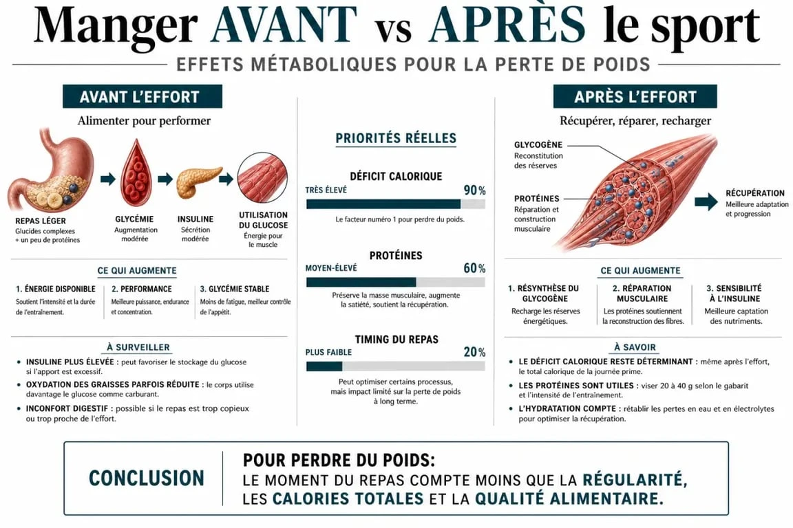 Infographie sur la perte de poids manger avant ou apres le sport et les effets métaboliques