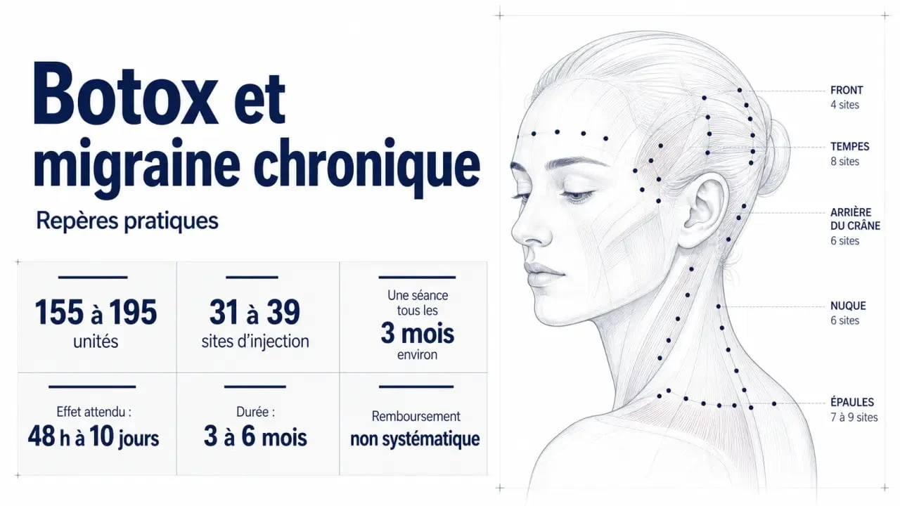 Infographie sur l’injection botox migraine prix avec dose, fréquence, remboursement et durée d’action