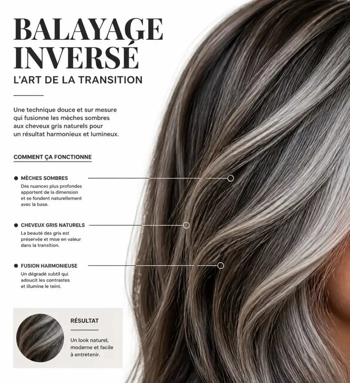 Technique du balayage inversé pour une transition cheveux colorés cheveux gris réussie