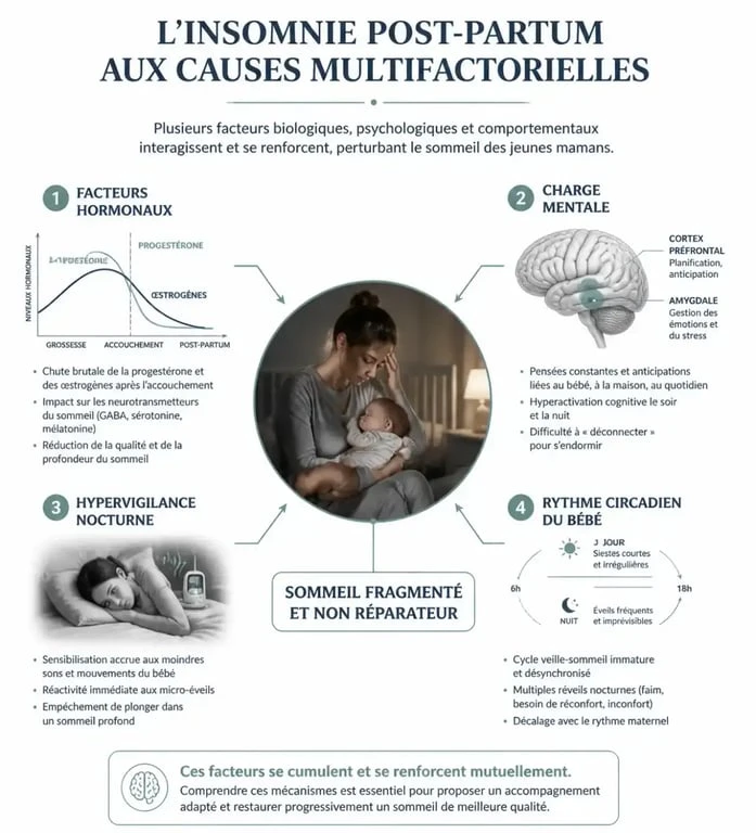 Infographie explicative des causes de l'insomnie post-partum chez la jeune mère