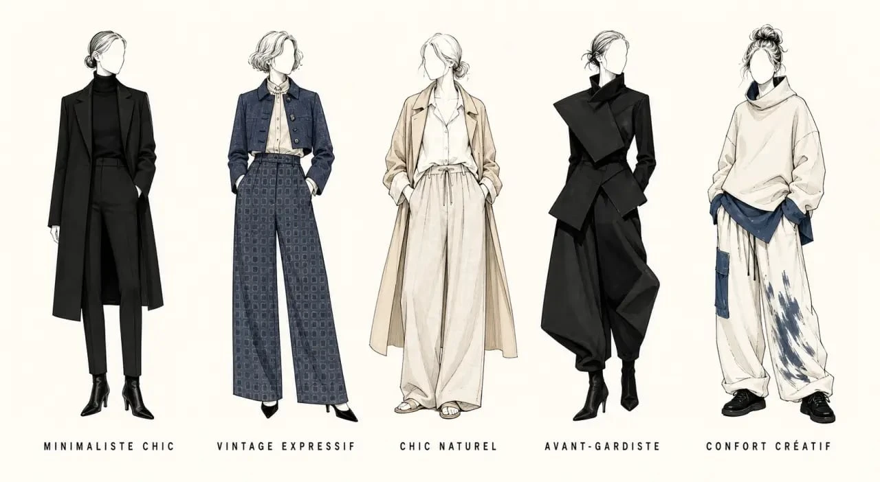 test style vestimentaire : cinq profils de looks représentés en silhouettes éditoriales