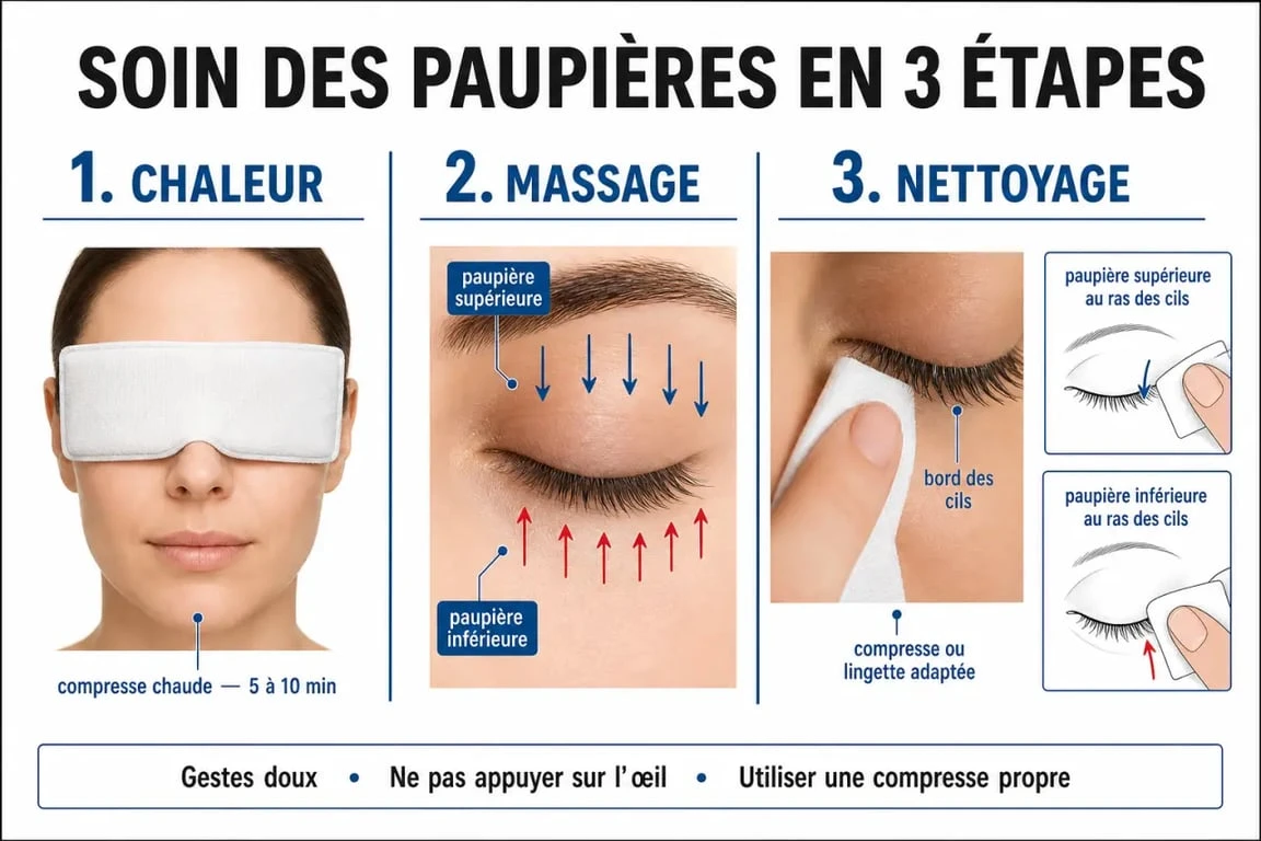 Soin paupière : schéma pas à pas du chauffage, du massage et du nettoyage des paupières