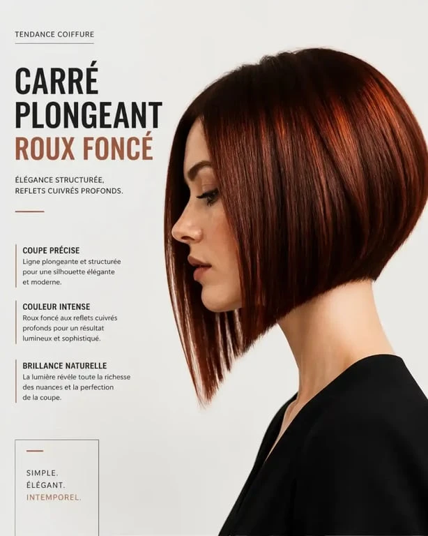 Modèle de coupe carré plongeant roux foncé avec des reflets cuivrés intenses